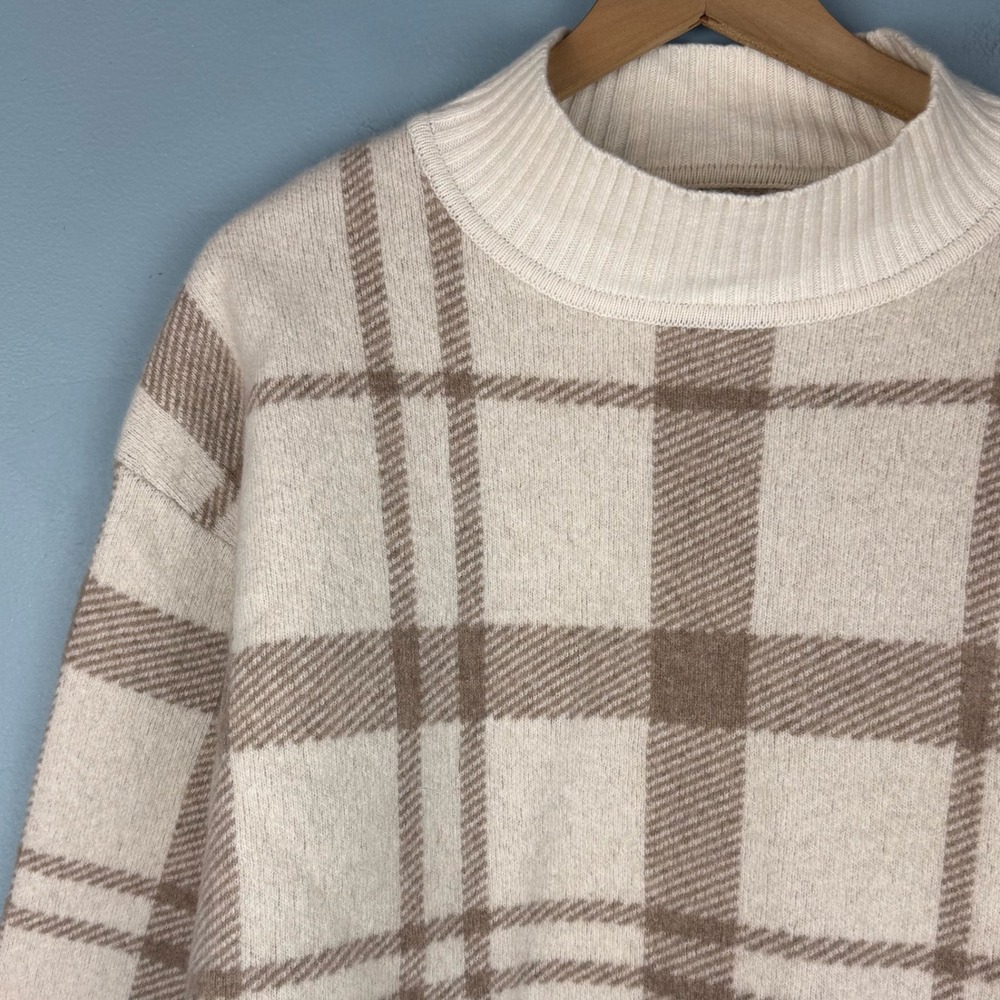 Barbour Deanna Knitted Jumper Womens 10 Cream Tan Plaid Wool Blend Mock Neck